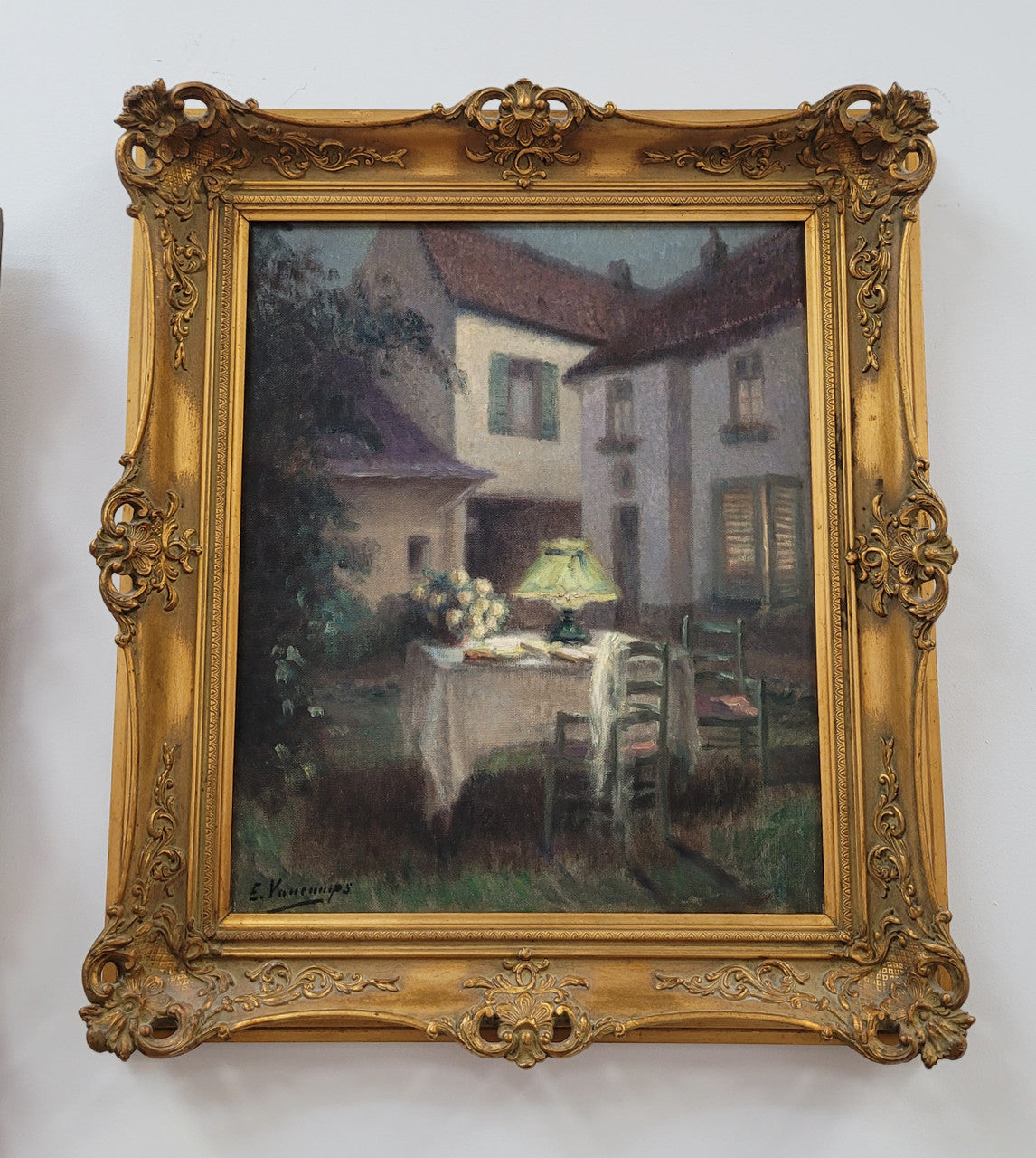 French Antique gilt oil on canvas "Garden Scene". It is signed and is in good original detailed condition.
