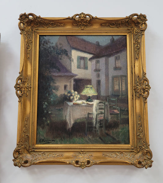 French Antique gilt oil on canvas "Garden Scene". It is signed and is in good original detailed condition.
