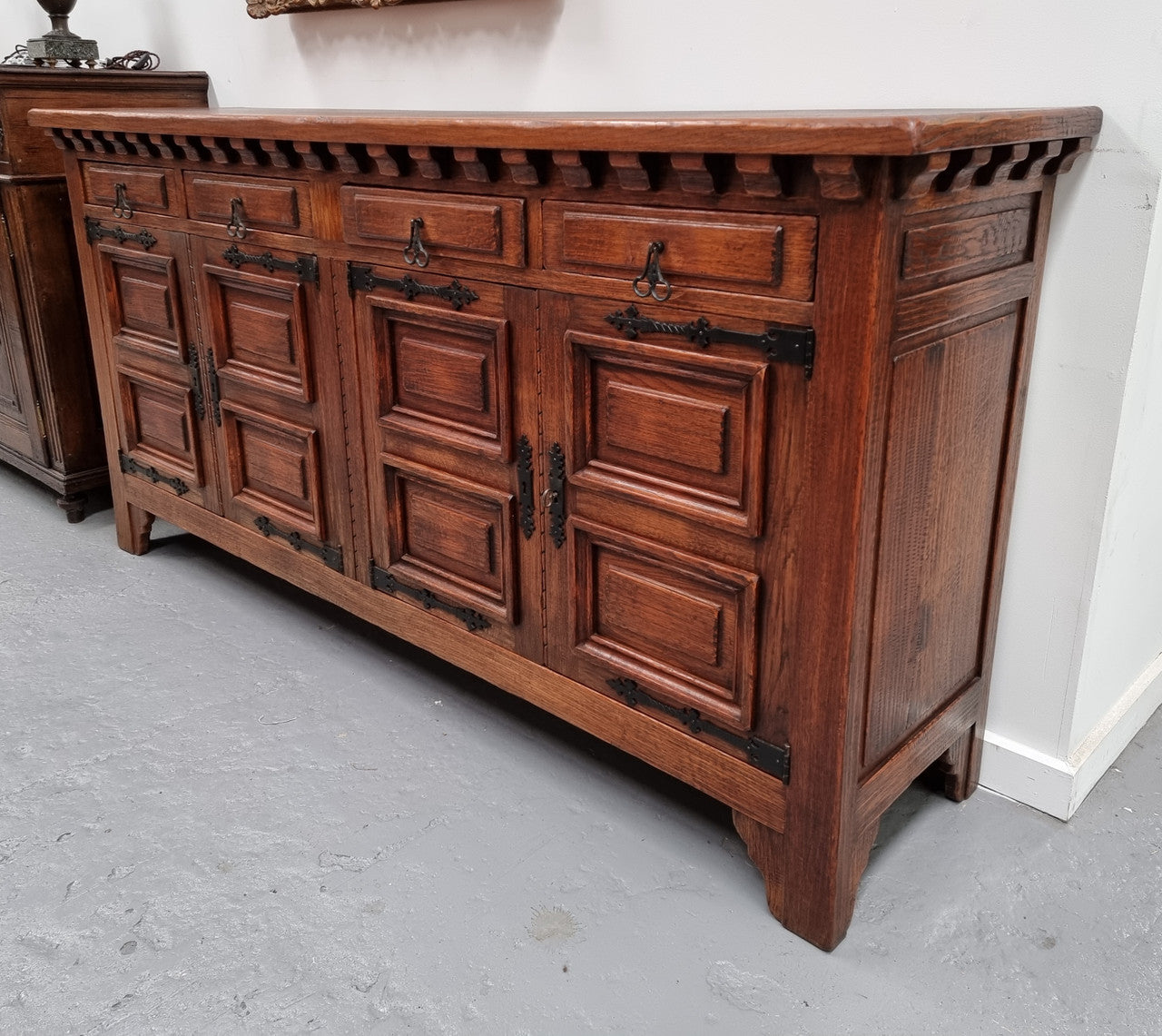 Large French Oak Spanish Style 4 Door Buffet