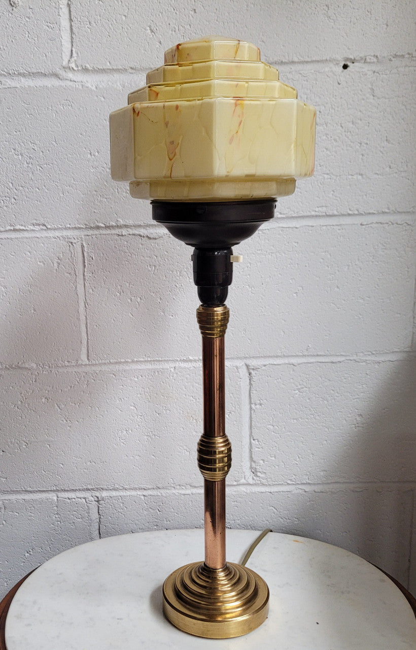 Stunning Art Deco Brass Copper Table Lamp With Beautiful Stepped Glass Shade