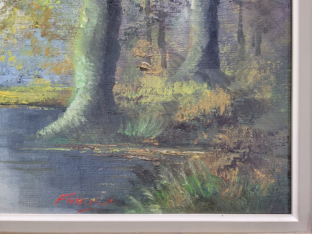 Stunning large French oil on canvas painting depicting river landscape. Signed by “Franks”. In good original gilt frame.