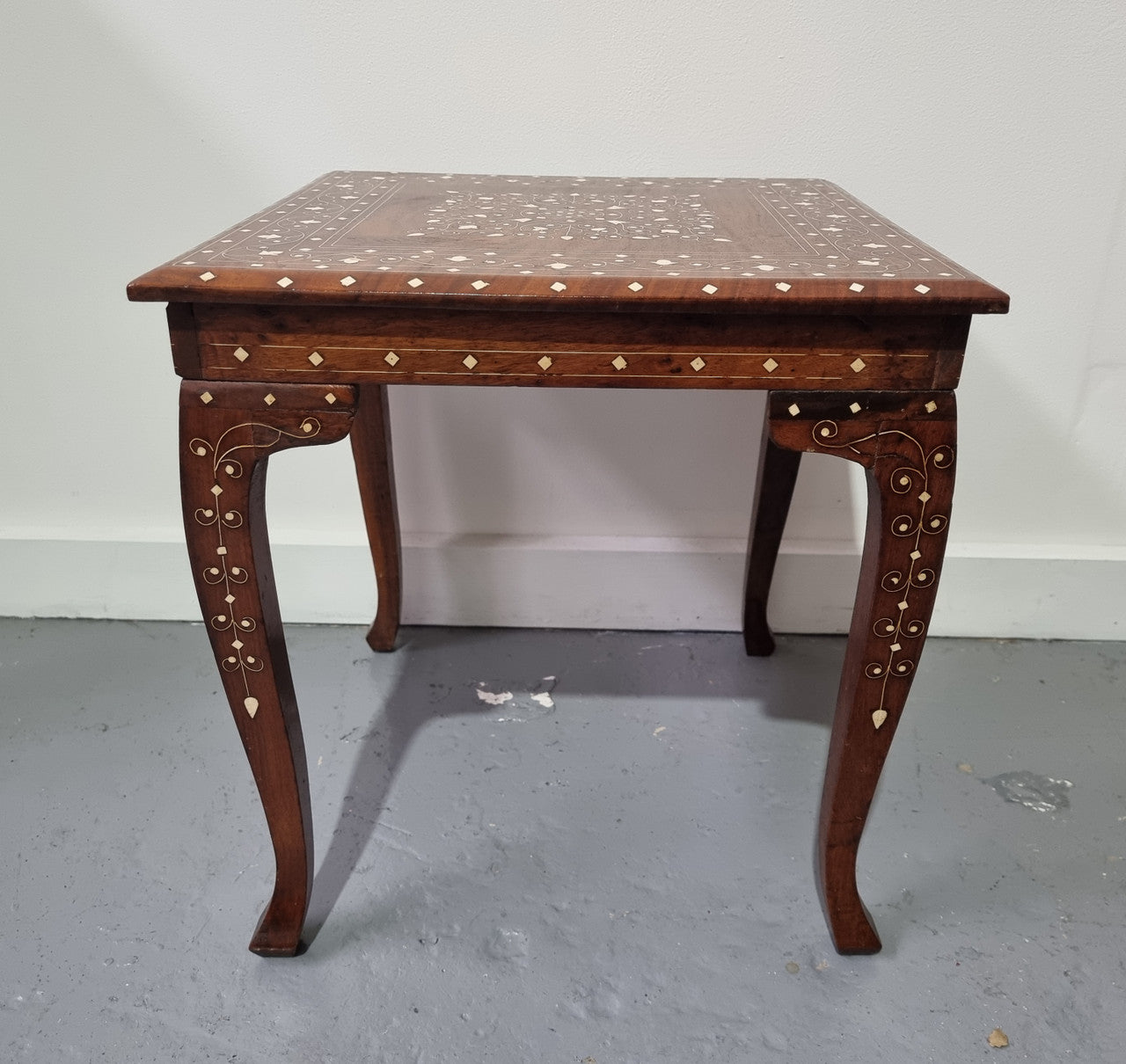 Stunning Indian Teak bone inlay square occasional table. In good original detailed condition.