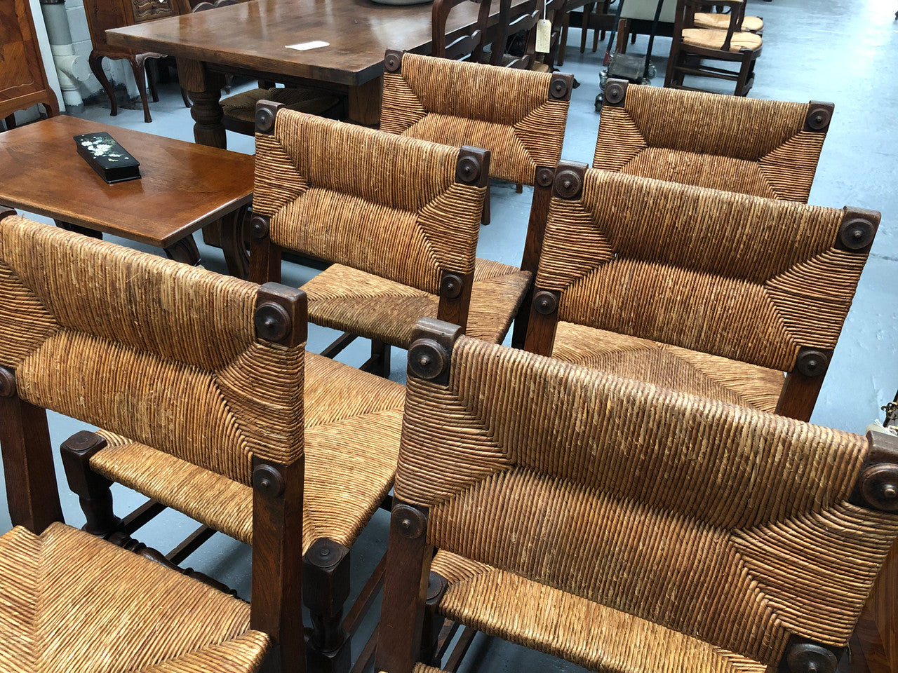 Late 19th Century set of six rush seat chairs. These chairs are very wide and deep making them very comfortable to sit on.
They are in very good original condition.