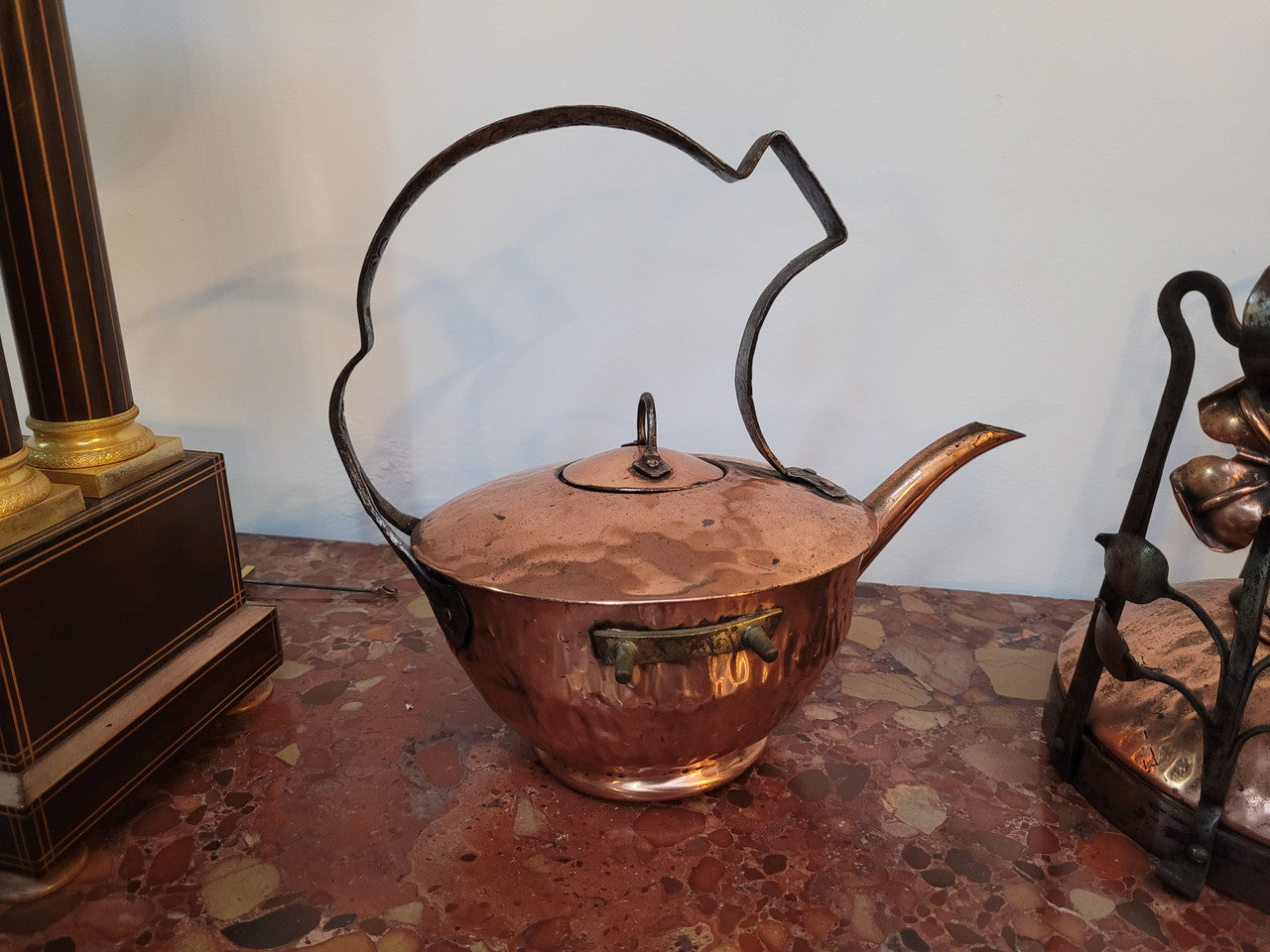 Art Nouveau style rustic Copper kettle on stand. Decorative only.
