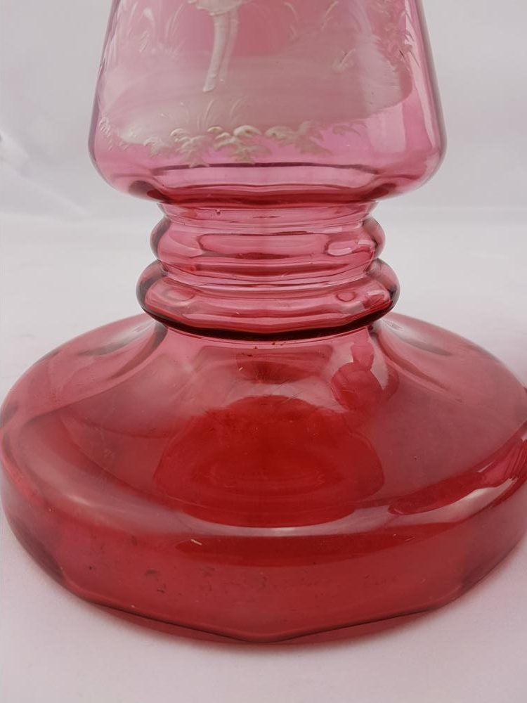 Rare Pair Of Ruby Mary Gregory Glass Kerosene Lamps