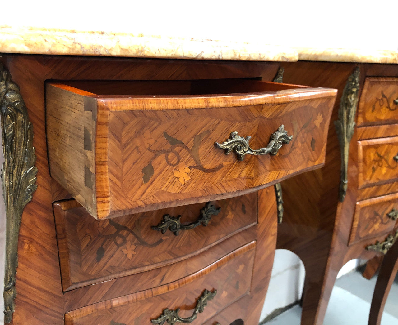 Pair of French Louis XV Style Marquetry Inlaid Marble Top Bedsides