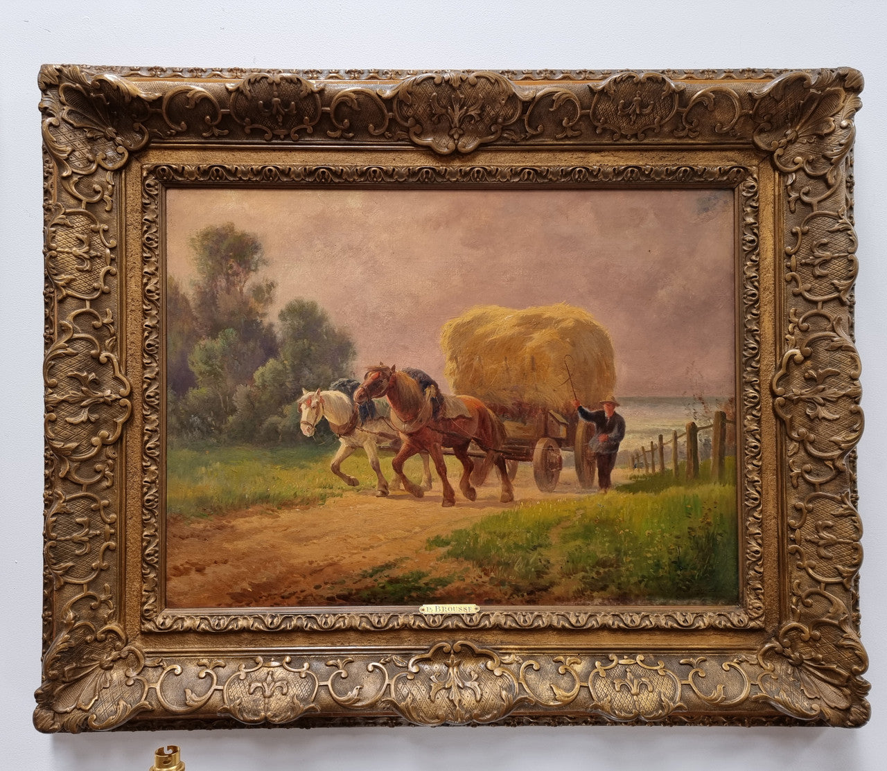 Amazing French impressionist oil on canvas of draft horses which is signed and in a lovely ornate frame. In very good original condition.