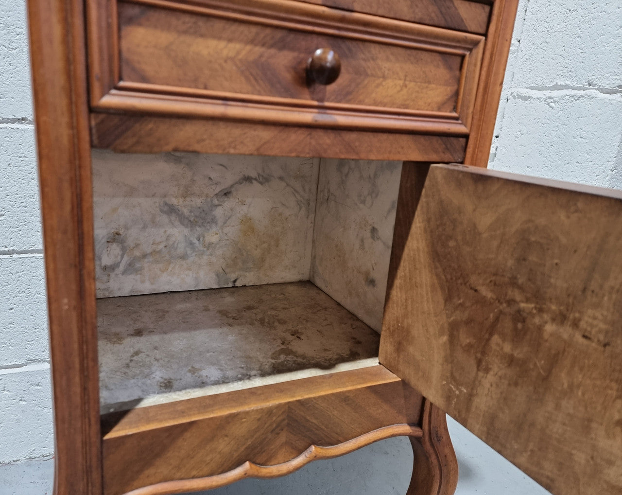 Louis XV Style Walnut Bedside-Side Cabinet With Inset Marble Top