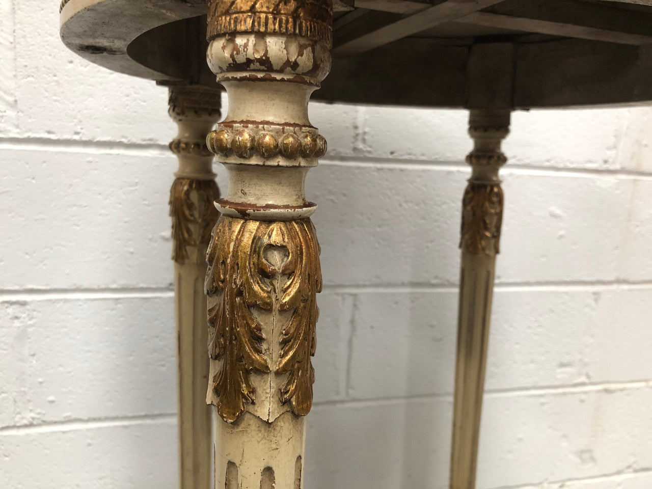 French Late 19th Century painted and gilded Walnut marble top occasional table. In good condition. CIrca 1900.