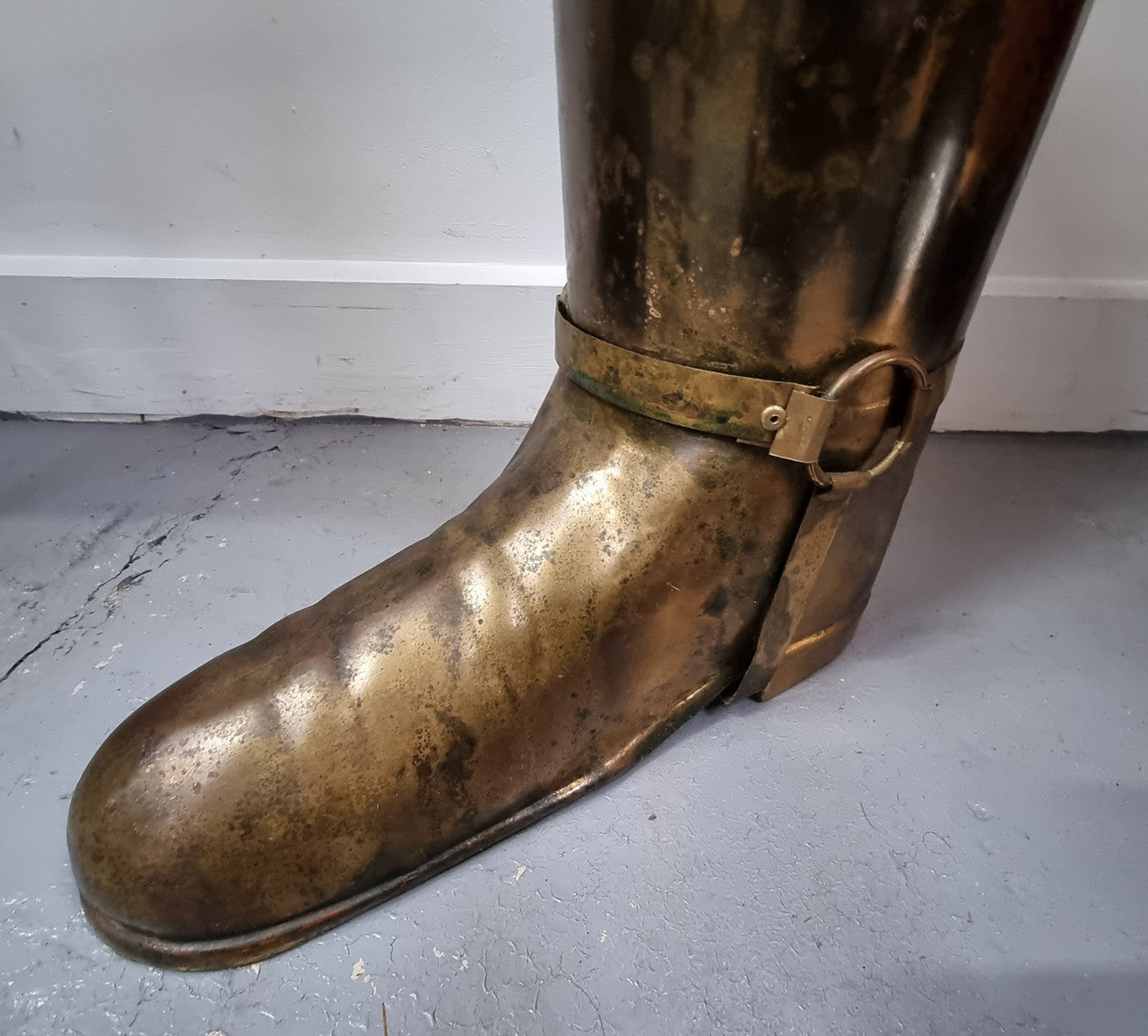 Fabulous French brass decorative boot for storing your umbrellas for walking sticks in good condition. makers stamp underneath .