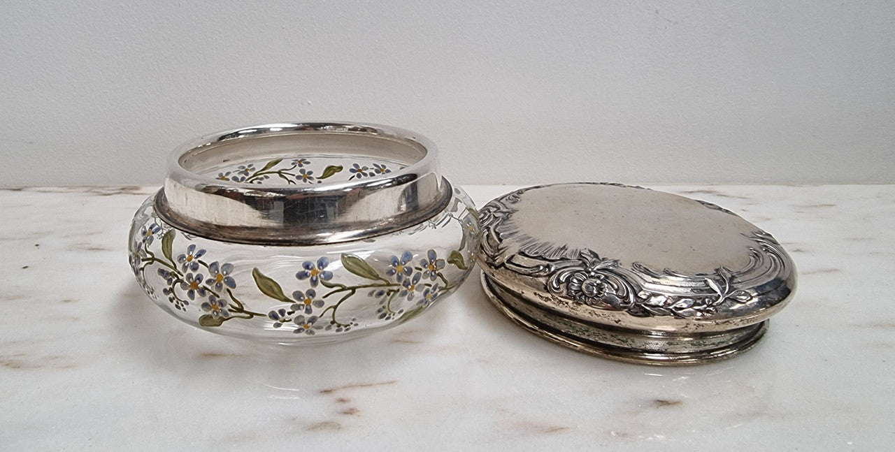 Edwardian Enameled Pattern Glass Dressing Table Bowl with Silver Plate Top