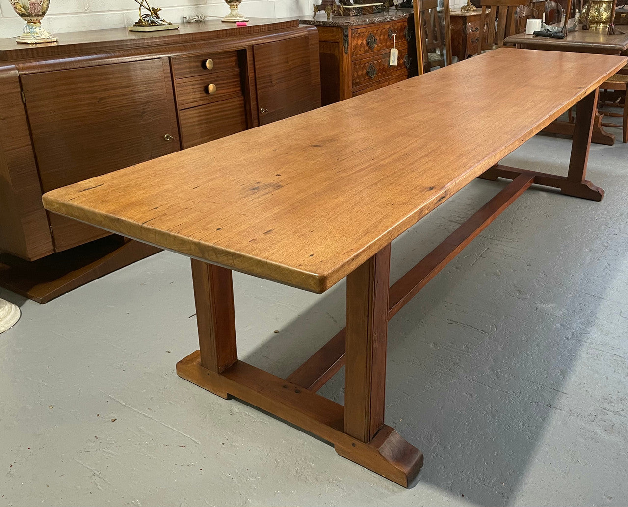 Rare 19th Century French Mahogany 3.1 m pedestal farmhouse table. It has an original wax finish and is in good original detailed condition.