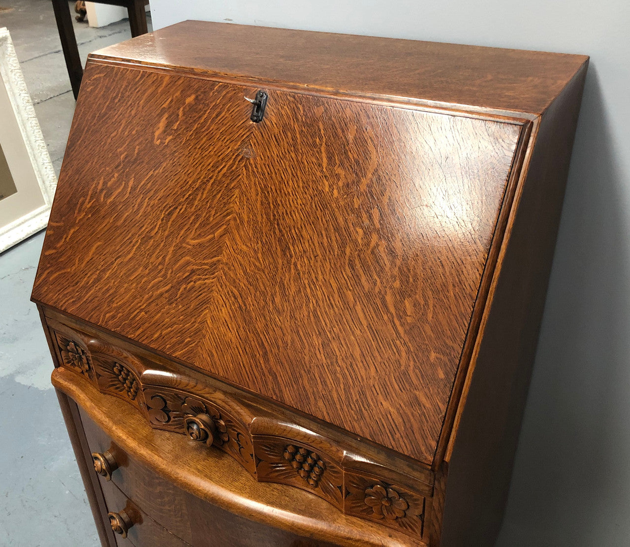 Tudor Style Oak Drop Down Writing Desk for sale at Moonee Ponds Antiques showroom in Airport West