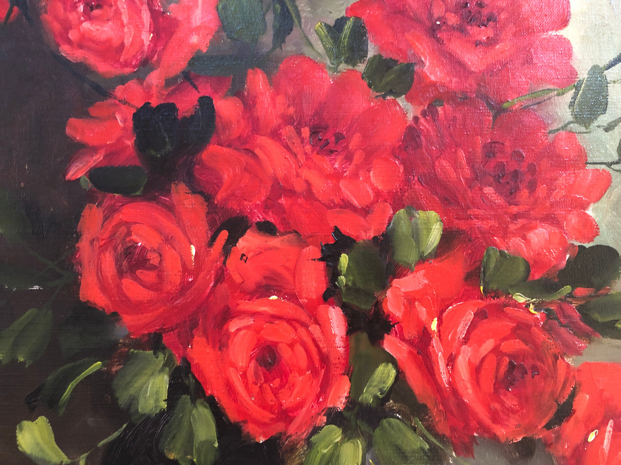 Lovely French oil on canvas of red roses in a beautiful ornate frame. In good original detailed condition.
