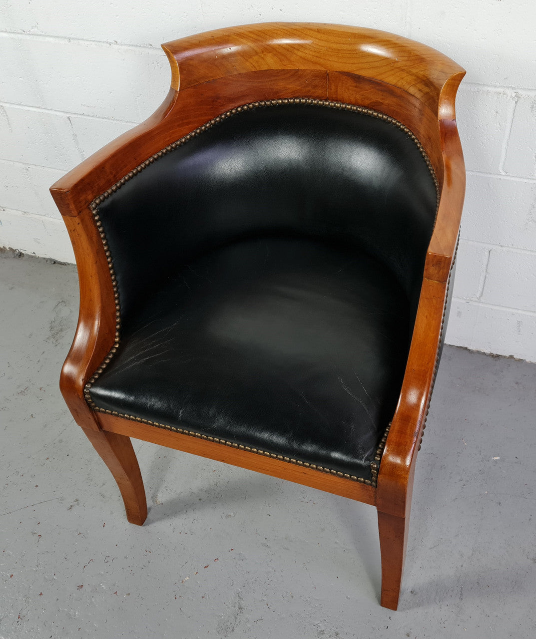 Antique Empire style Walnut and leather office desk chair. In good original detailed condition and leather is in good used condition.