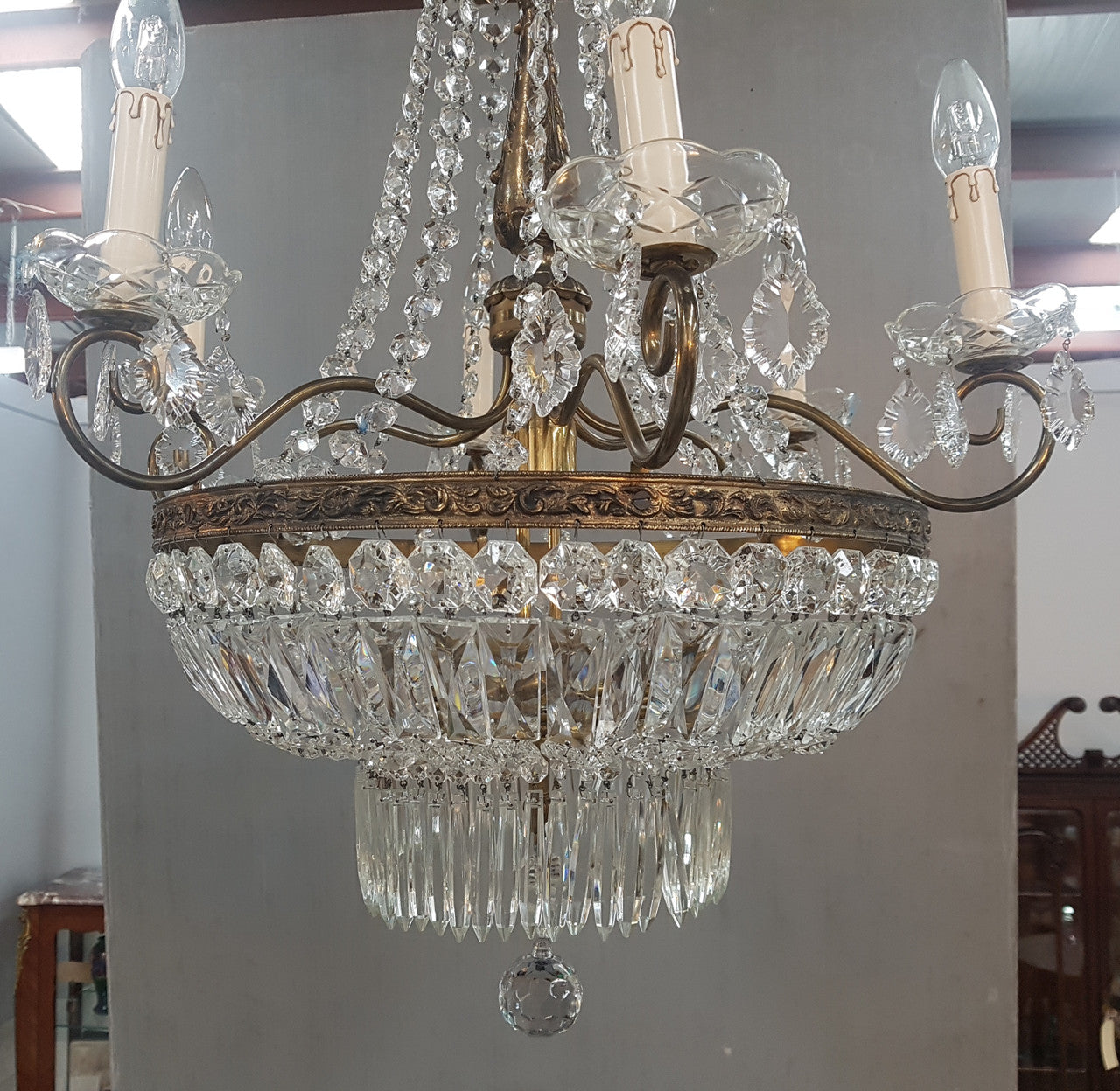 French Bronze & Crystal Six Candle Light Chandelier
