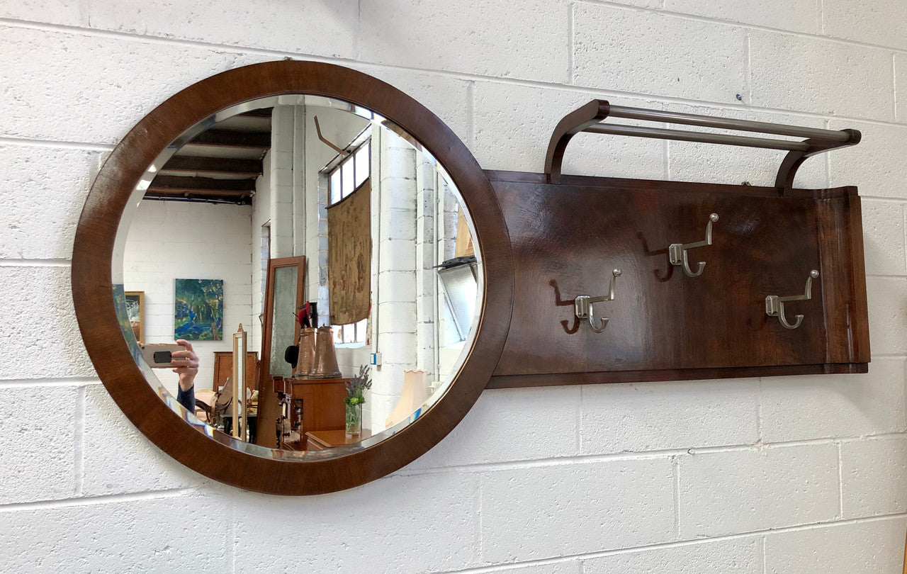 French Art Deco Walnut Coat & Hat Rack With Mirror