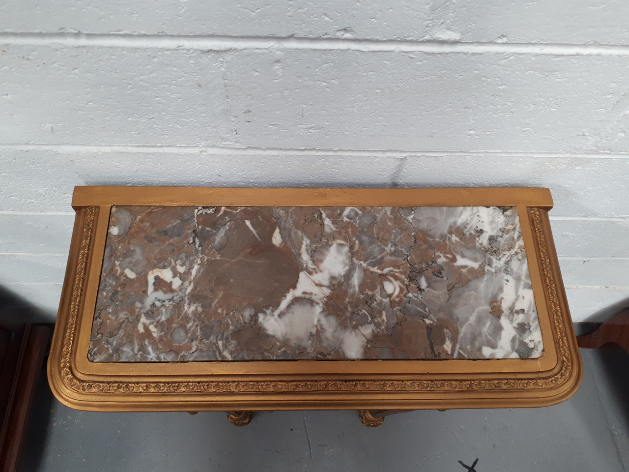 Antique French 19th century Louis XVI style inset marble top & giltwood console table. In good condition. Circa 1880