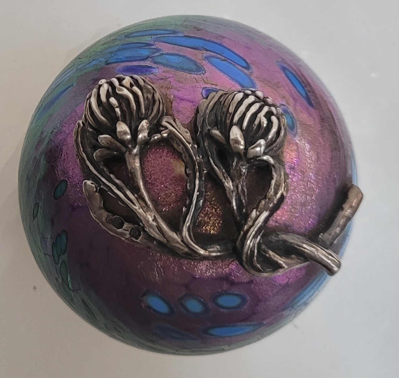 Vintage Iridescent Colin Heaney Paperweight with Sterling Silver Waratah flower by Suzanne Brett