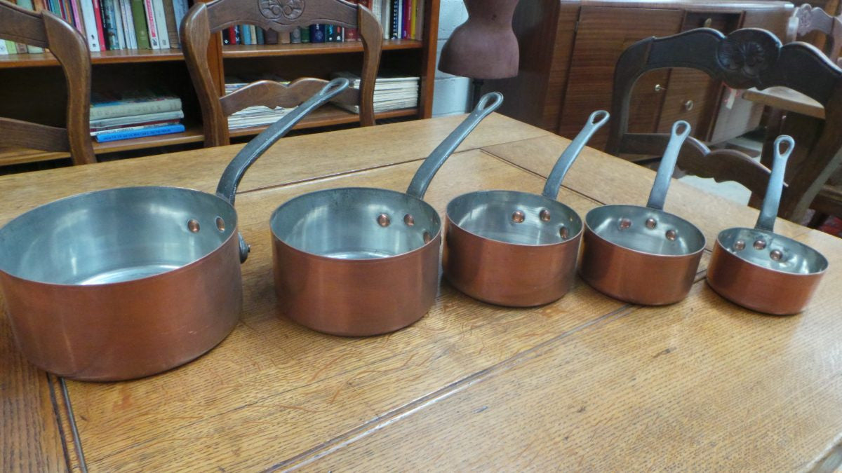 Set of Five French Copper Saucepans