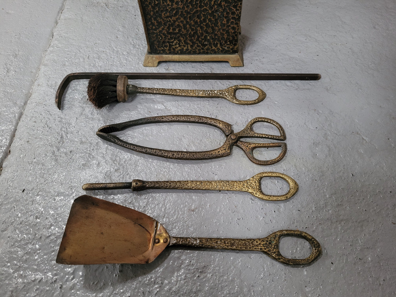Art Nouveau five piece fire tool set in decorative box. All tools are in original good used condition, please view photos as they help form part of the description.