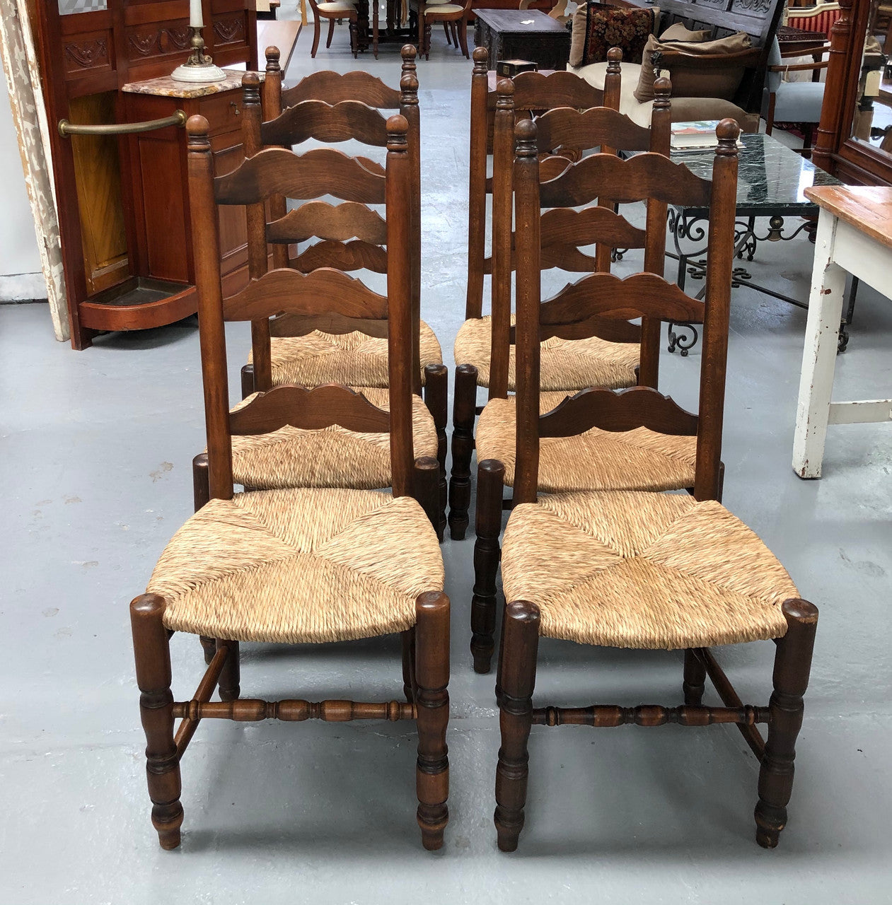 French Set Of Six Ladder Back Rush Seat Chairs
