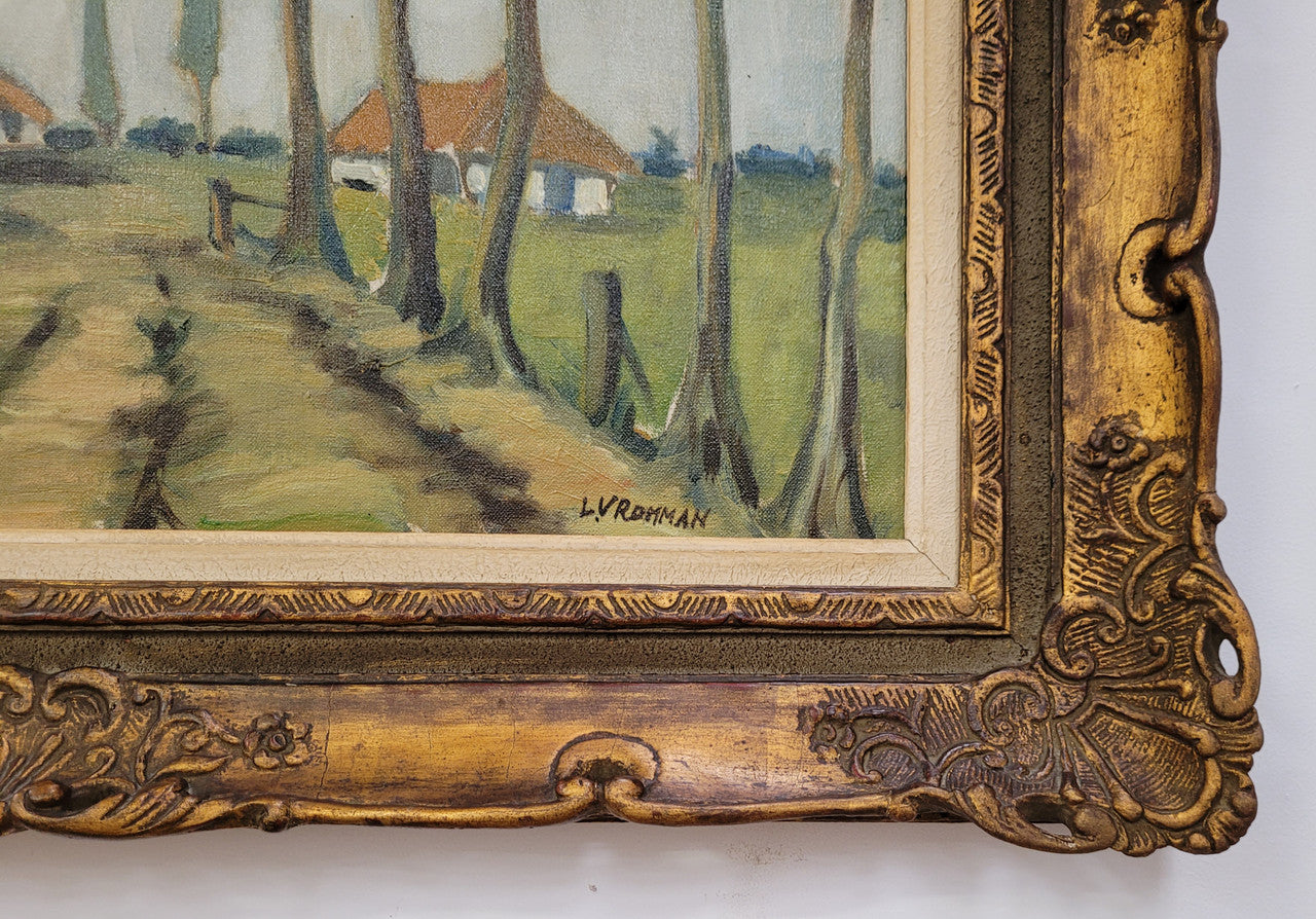 Impressionist style oil painting on canvas and on board of a farm scene. In an ornate gilt frame and in good original detailed condition.