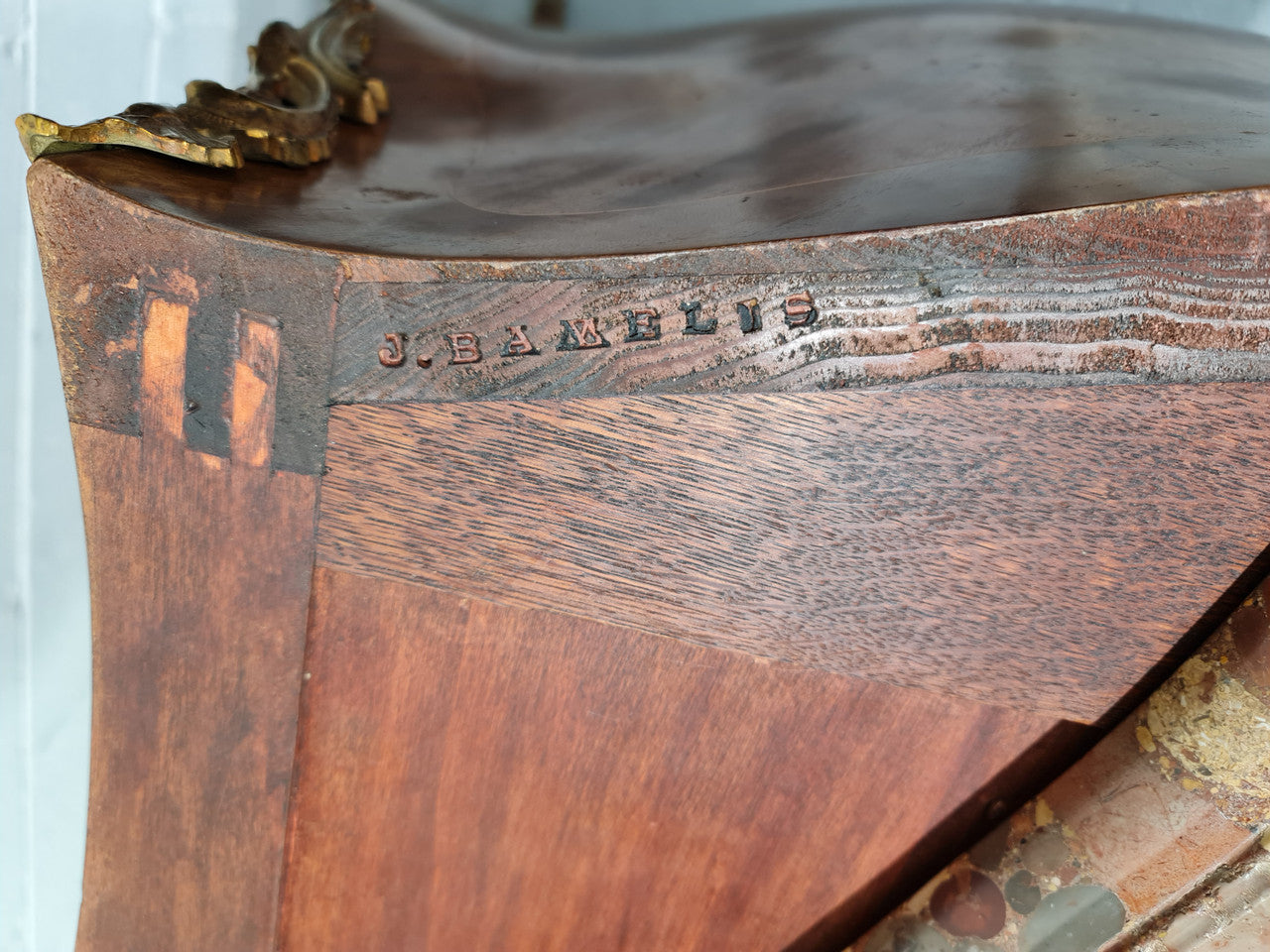 High quality French Mahogany Louis XVth style marble top commode. It has an eye catching marble top and is signed on body "J Bamelis". In very good original detailed condition.