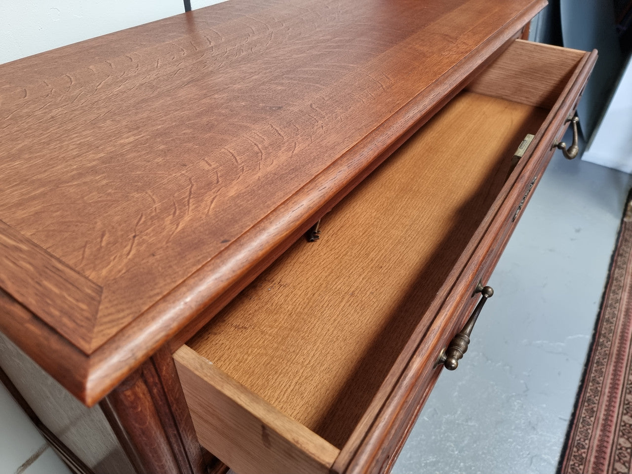 French Provincial Oak chest of three drawers. In good original detailed condition.