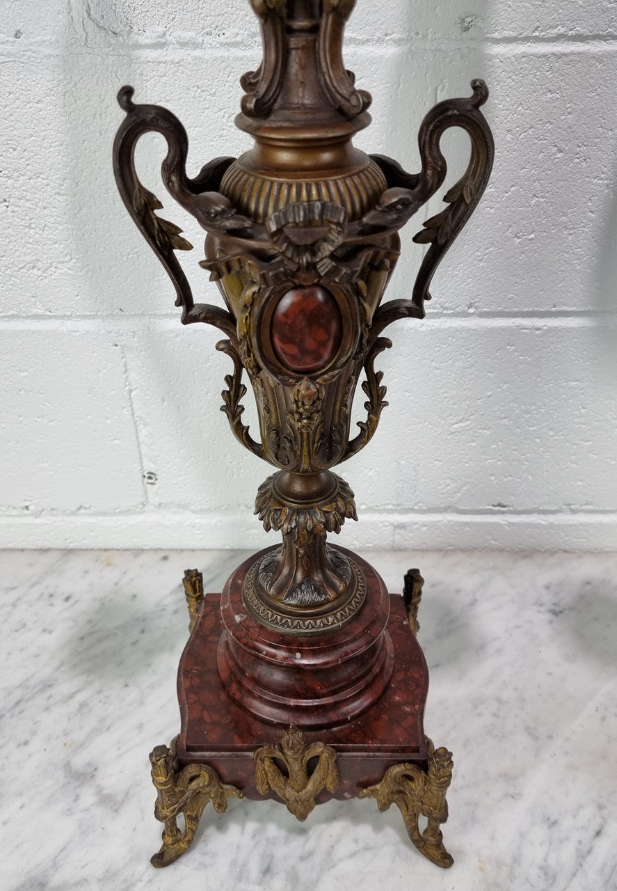 Pair of decorative Antique French spelter and marble candelabras. in very good original detailed condition.