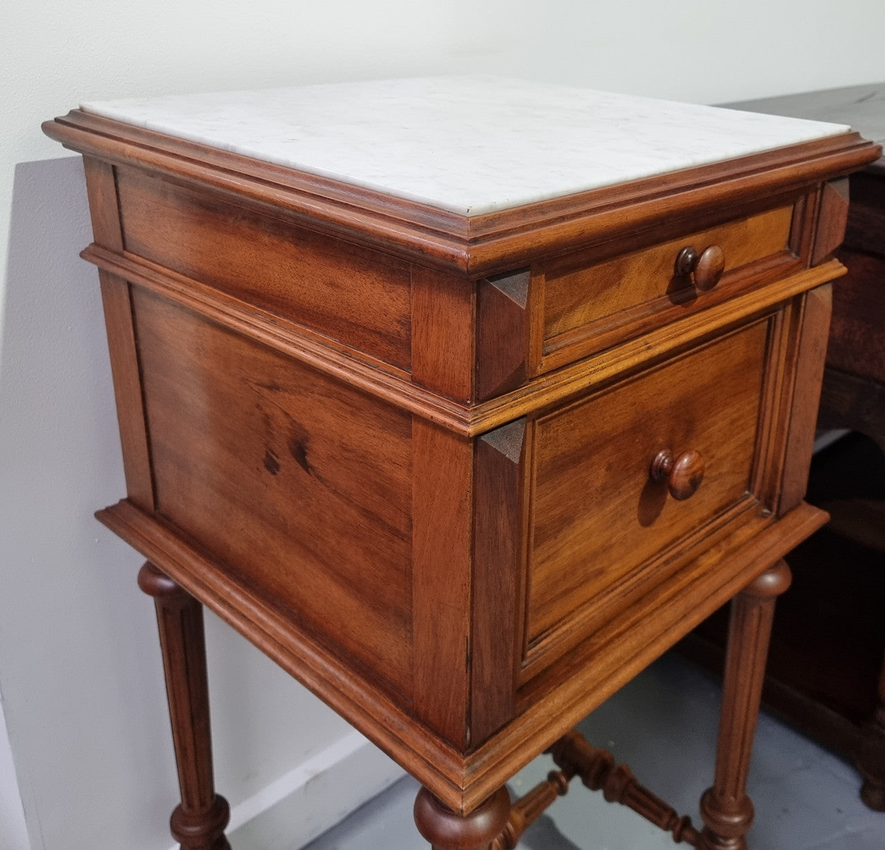 French Walnut Henry II Style Bedside Cabinet With White Marble Top