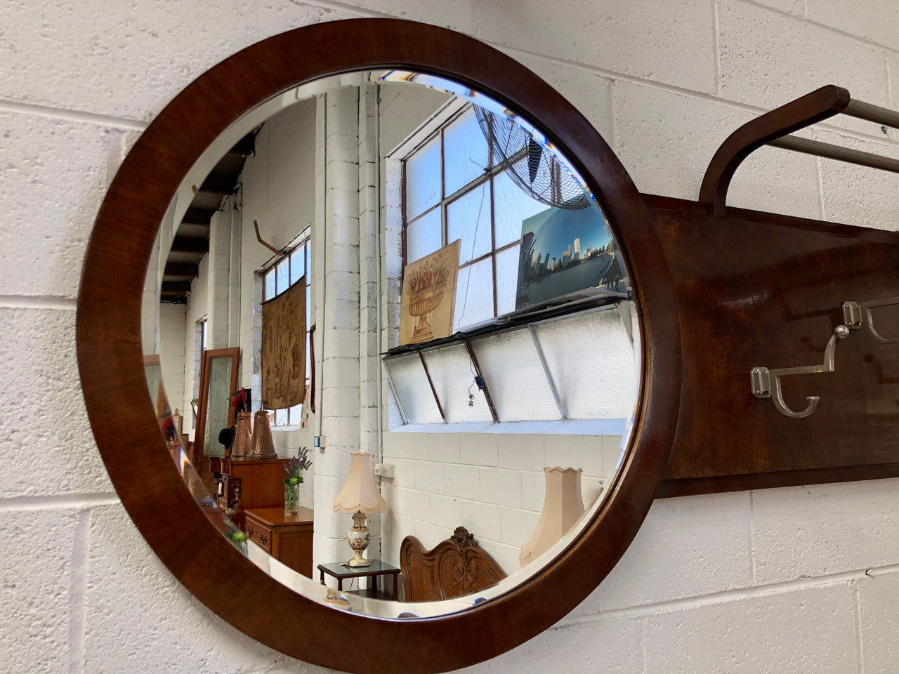 French Art Deco Walnut Coat & Hat Rack With Mirror