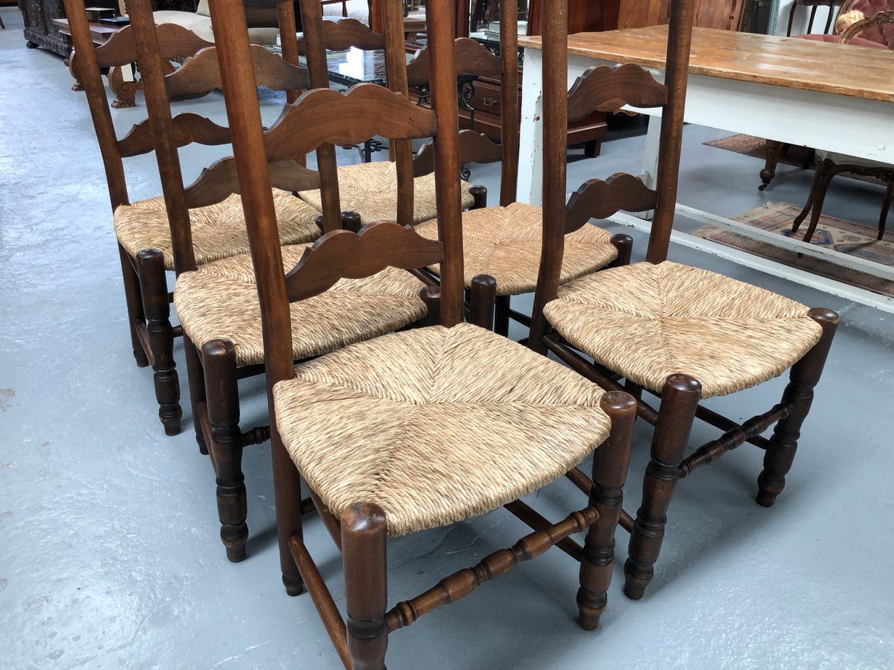 French Set Of Six Ladder Back Rush Seat Chairs