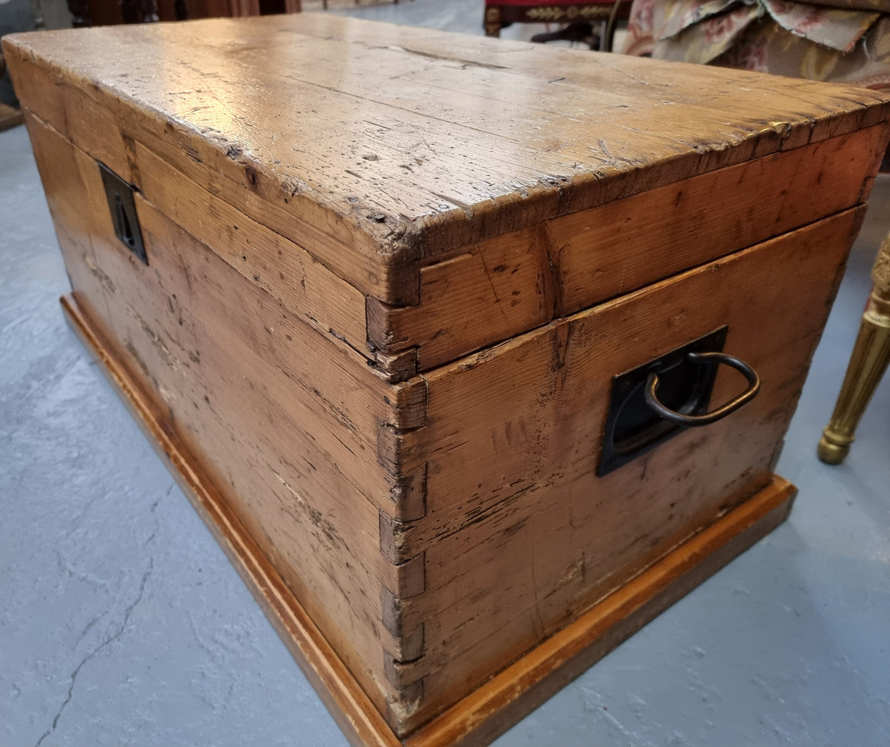 Lovely Pine chest / blanket box with loads of rustic character and iron hardware. This piece would also make a great coffee table, and is in good original condition.