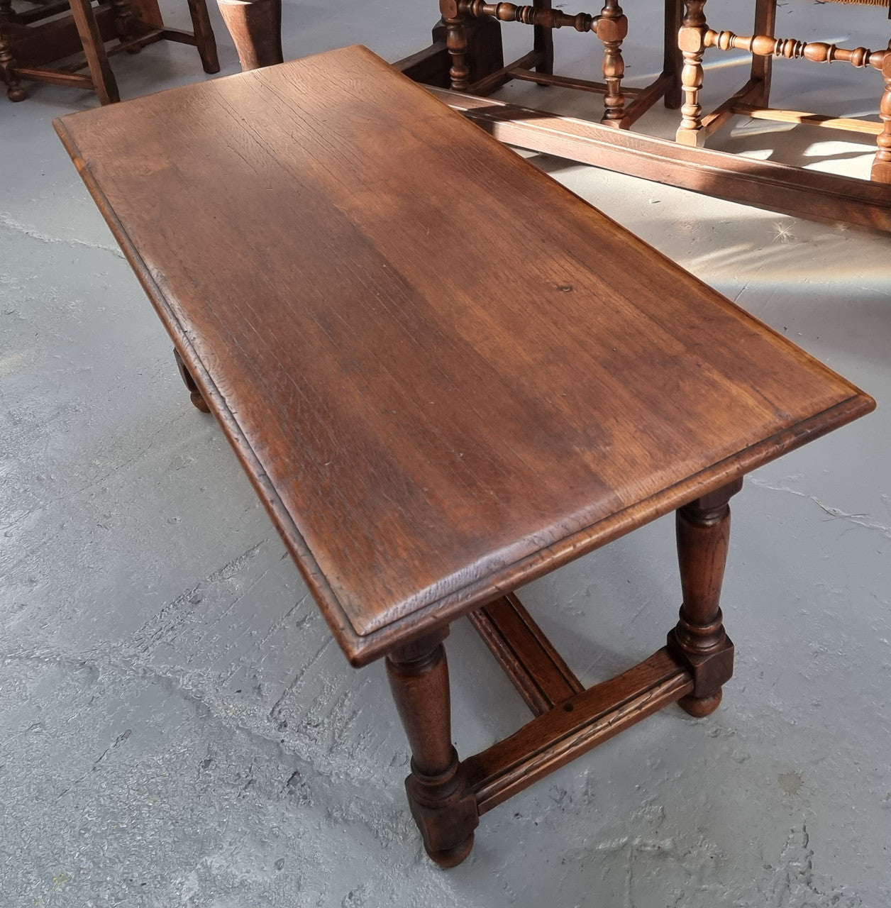 Beautiful French oak 2 drawer coffee table. In good original detailed condition.