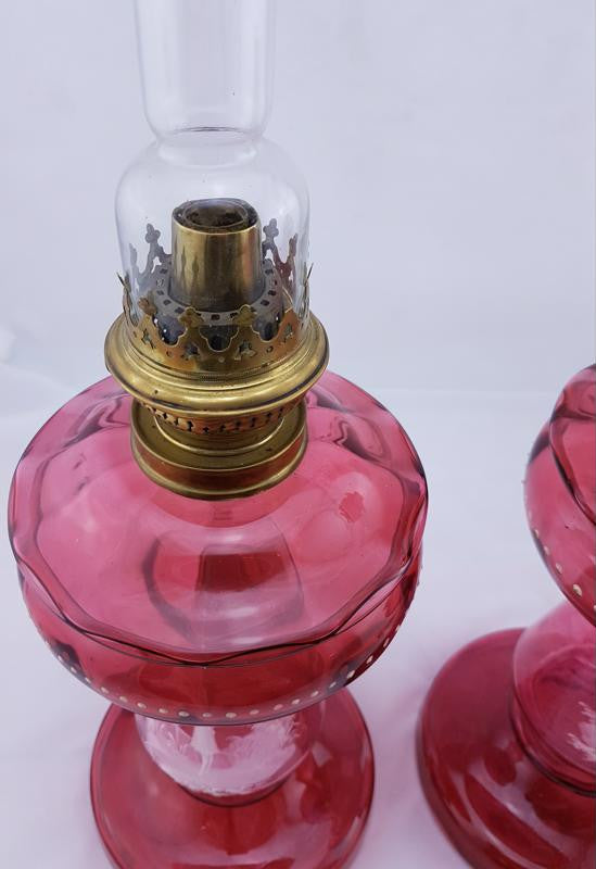 Rare Pair Of Ruby Mary Gregory Glass Kerosene Lamps