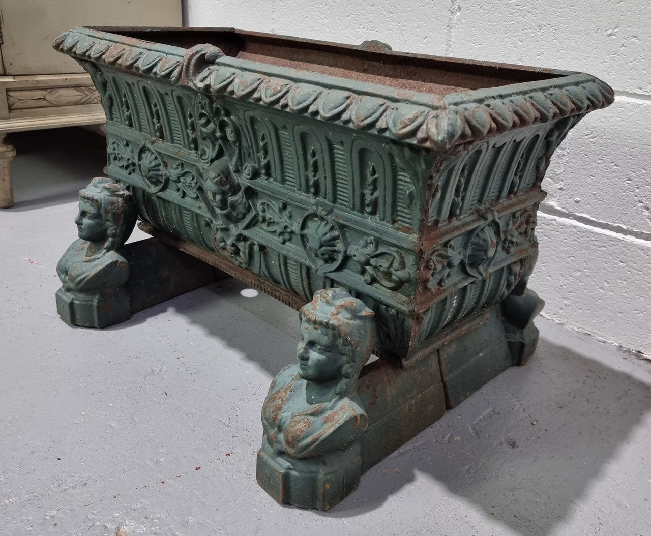 Rare French 19th Century cast iron green painted planter on stand. In good original condition.