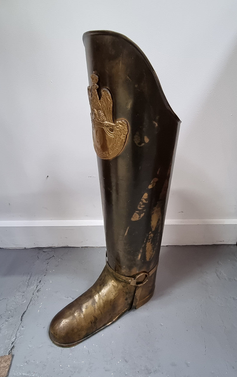 Fabulous French brass decorative boot for storing your umbrellas for walking sticks in good condition. makers stamp underneath .