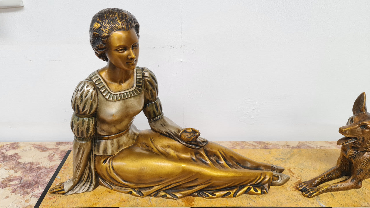 Art Deco sculpture of lovely seated lady with German Shepherd signed by signed by H.Molins. In good original detailed condition.