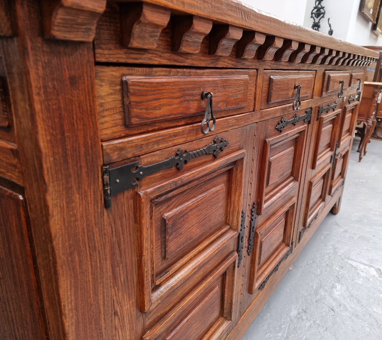 Large French Oak Spanish Style 4 Door Buffet