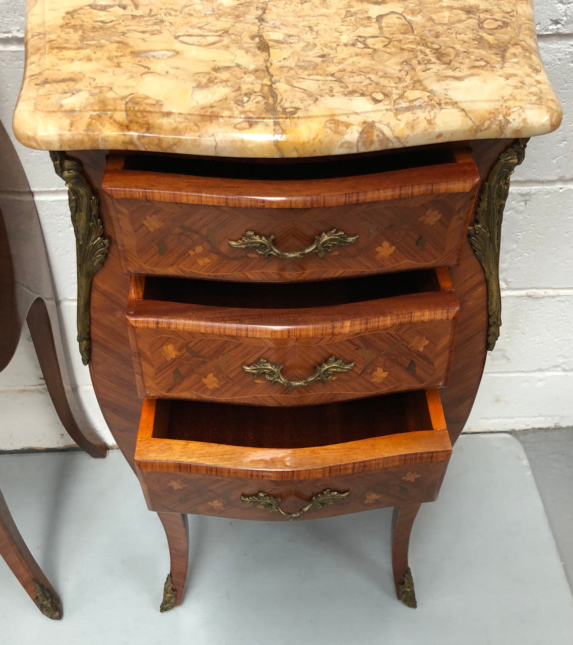 Pair of French Louis XV Style Marquetry Inlaid Marble Top Bedsides