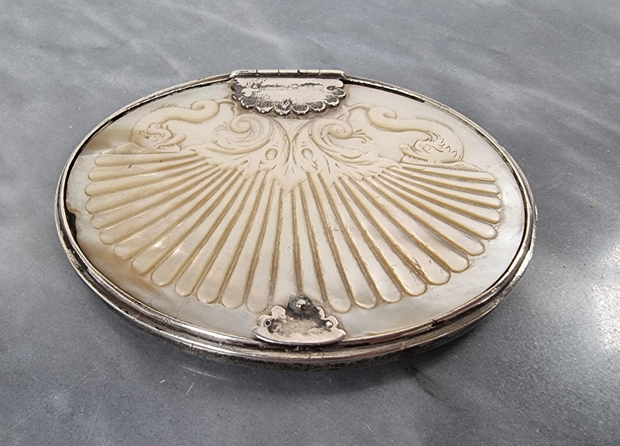 Stunning Oval Georgian Silver & Carved Mother of Peral Snuff Box