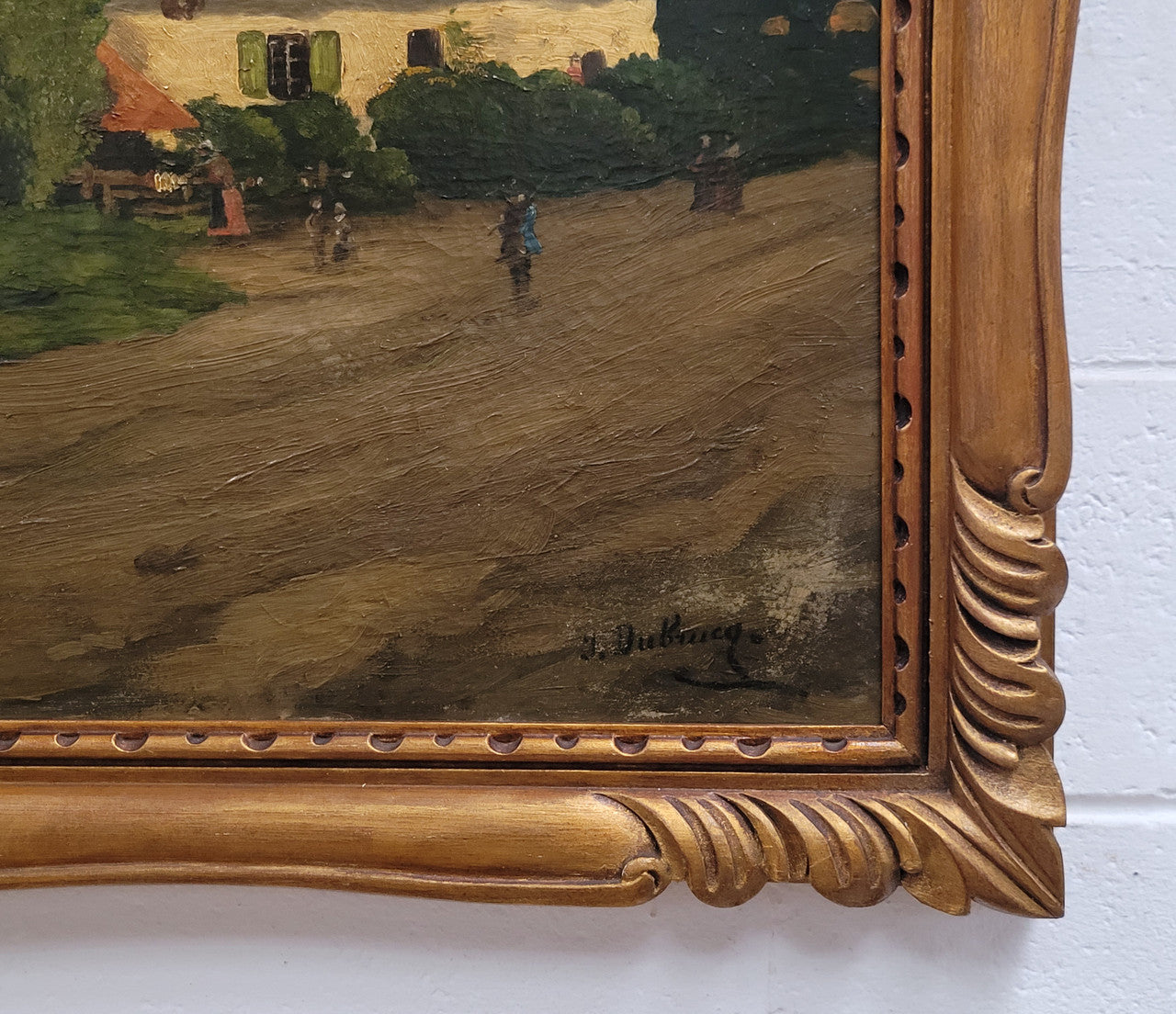 Fabulous signed French oil on canvas painting of a farmhouse scene in a beautiful Art Deco frame. It is in good original detailed condition.