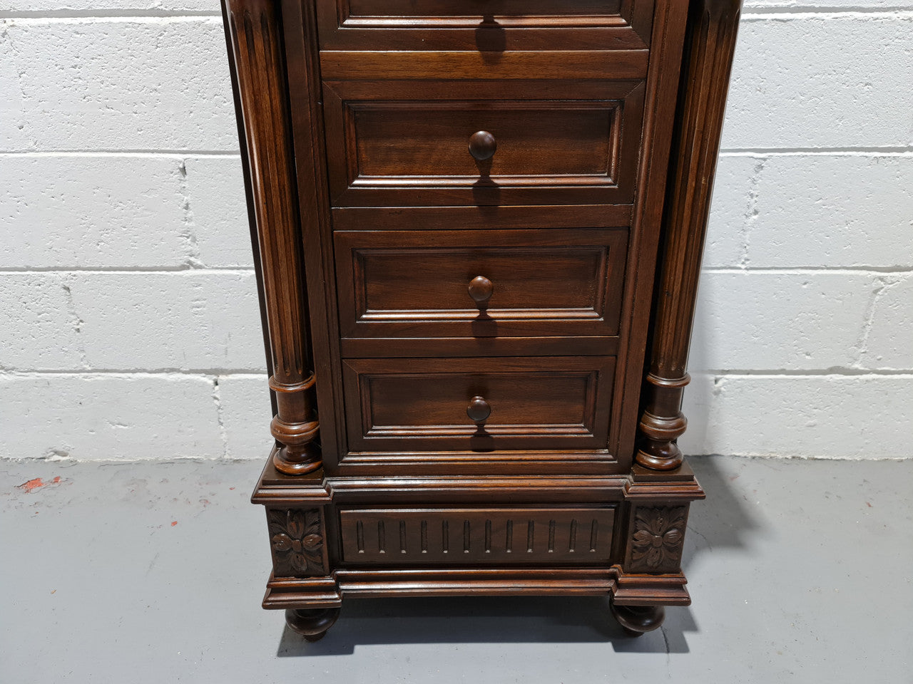 French Walnut Henry 2nd style three drawer one cupboard single side cabinet with rouge marble top. Circa: 1890. In Good original detailed condition.