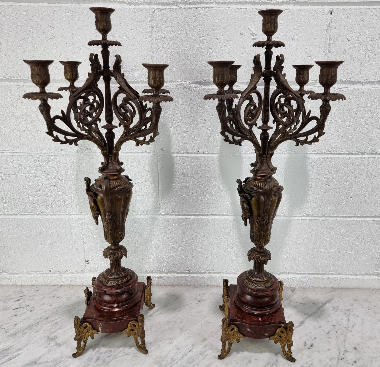Pair of decorative Antique French spelter and marble candelabras. in very good original detailed condition.