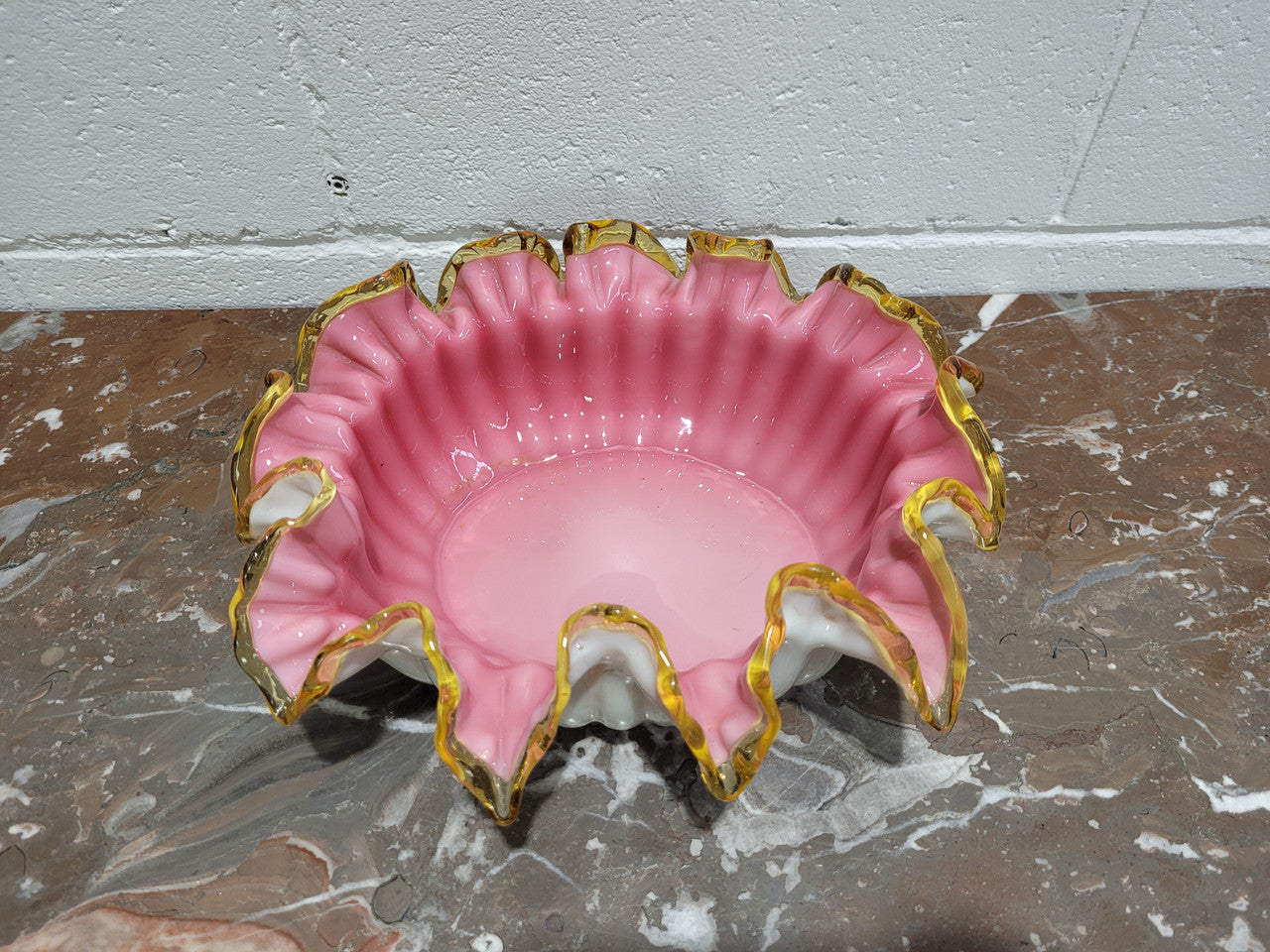 Edwardian American large white/pink cased glass and yellow ruffled edged bowl. In good original condition with no chips.