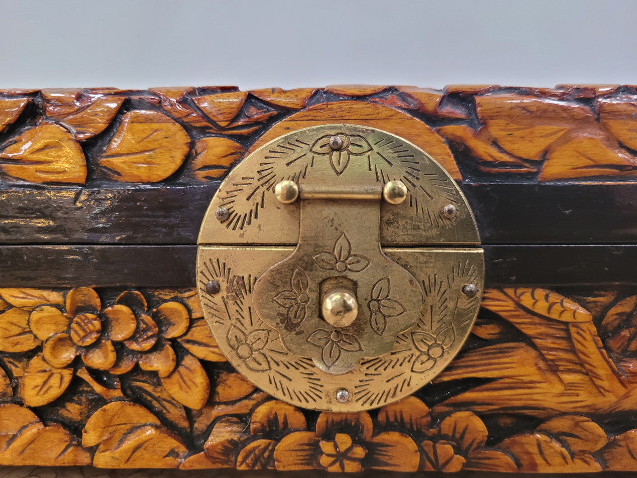 Vintage unusual Camphor Wood valet fitted jewelry box with nicely carved phoenix on the top. It is in good original detailed condition.