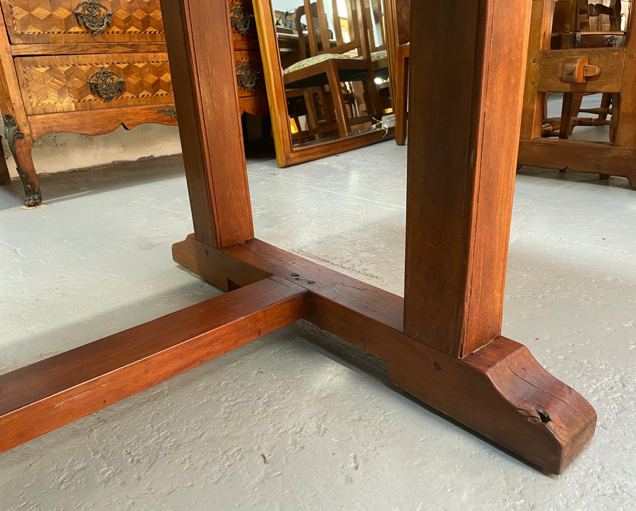 Rare 19th Century French Mahogany 3.2 m pedestal farmhouse table. It has an original wax finish and is in good original detailed condition.
