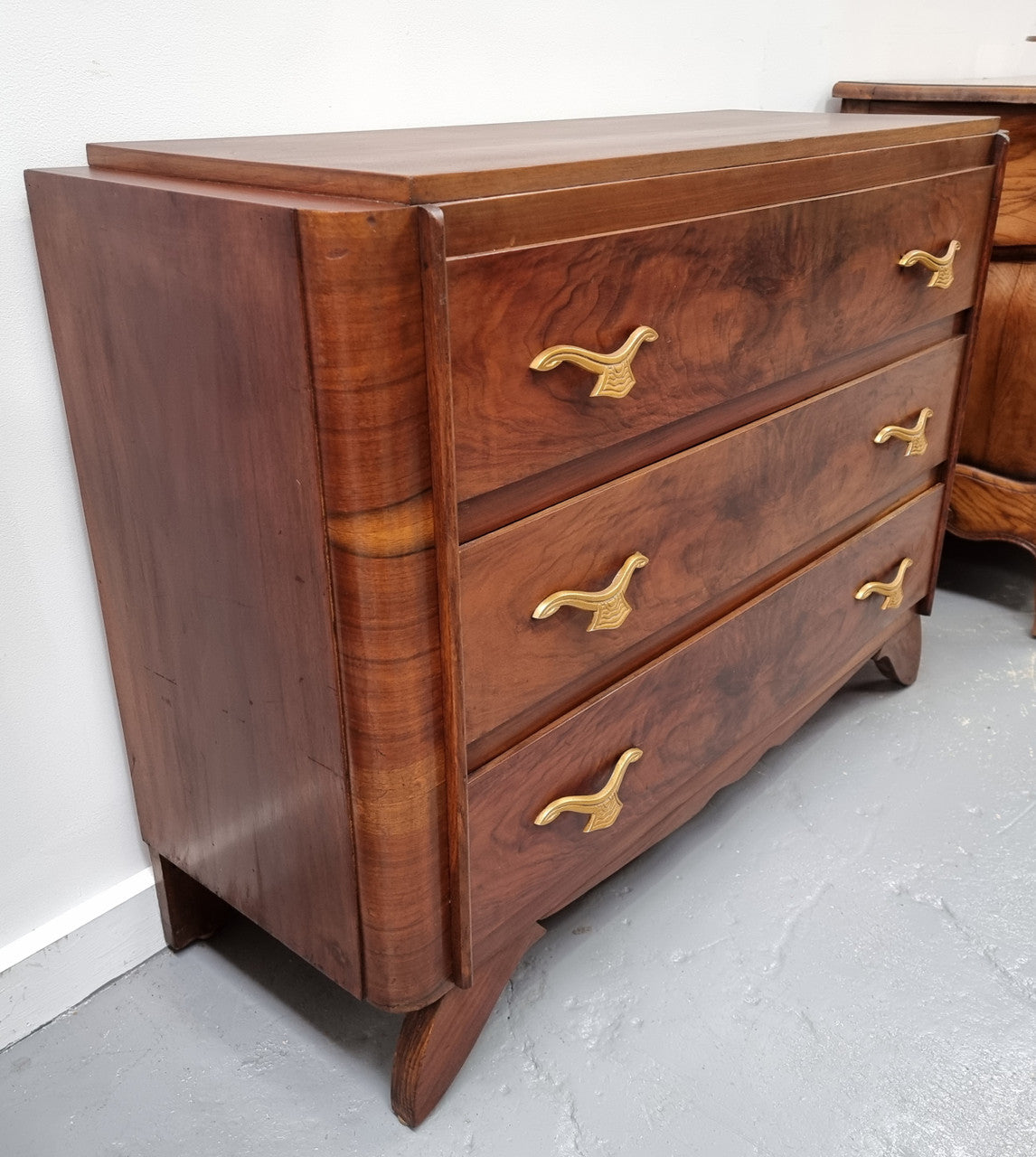 Stylish French Art Deco chest of three drawers. Sourced from France and in good original detailed condition. Circa 1920's.