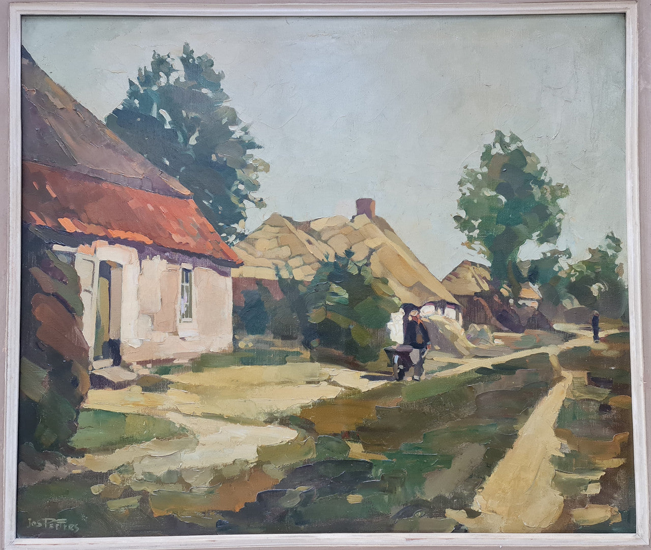 Sourced in France is this beautiful oil on canvas of a country cottage scene in a ornatSourced in France is this beautiful oil on canvas of a country cottage scene in a ornate decorative frame and in good original condition.